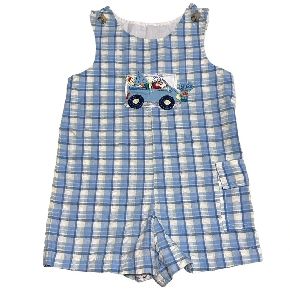 Vintage Good Lad Boys Plaid Blue Overalls with Dog Beach and Car Applique 24M